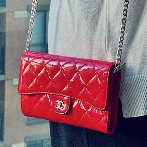 Chanel Flap Patent Tri-fold Leather Wallet Red